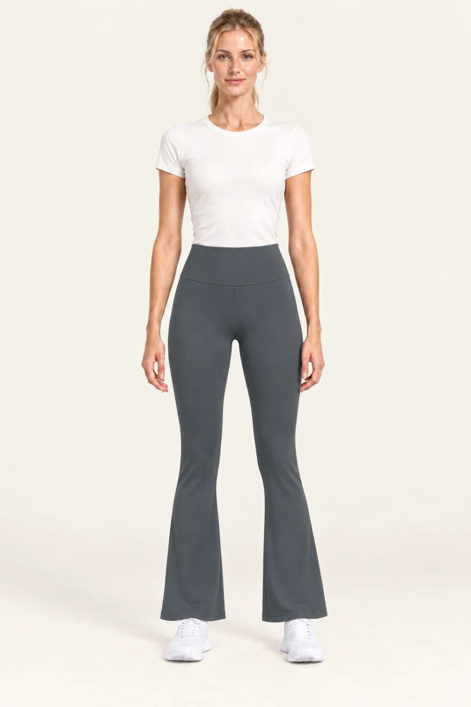 LS-B0001 High-rise flare yoga pants in Graphite Grey, front AI styling preview