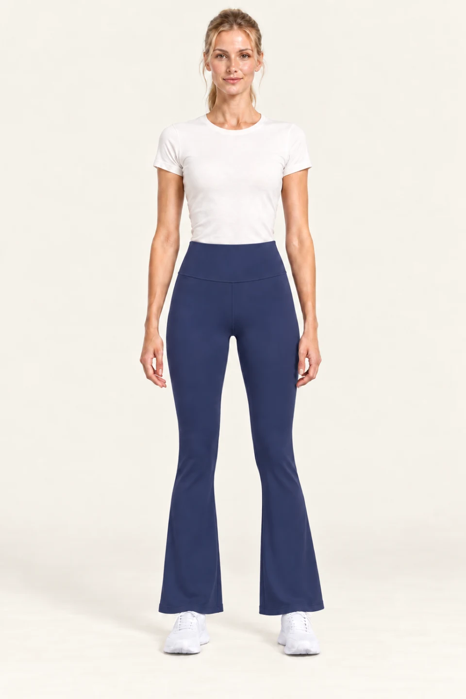 LS-B0001 High-rise flare yoga pants in Navy, front AI styling preview