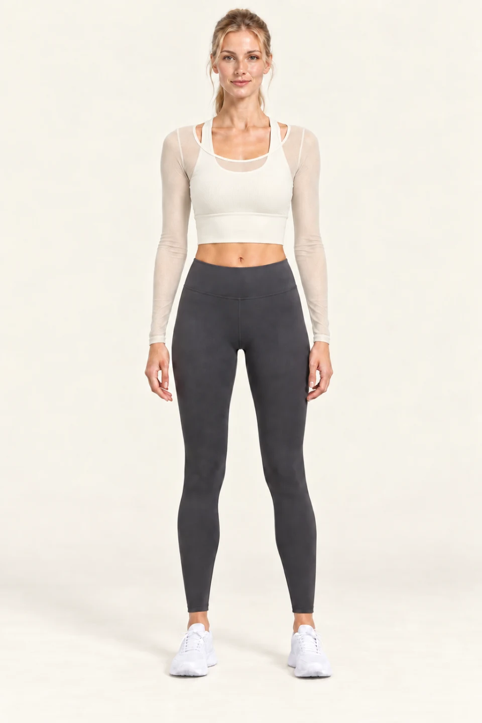 LS-B0002 Layered mesh long-sleeve top in Ivory, front AI styling preview