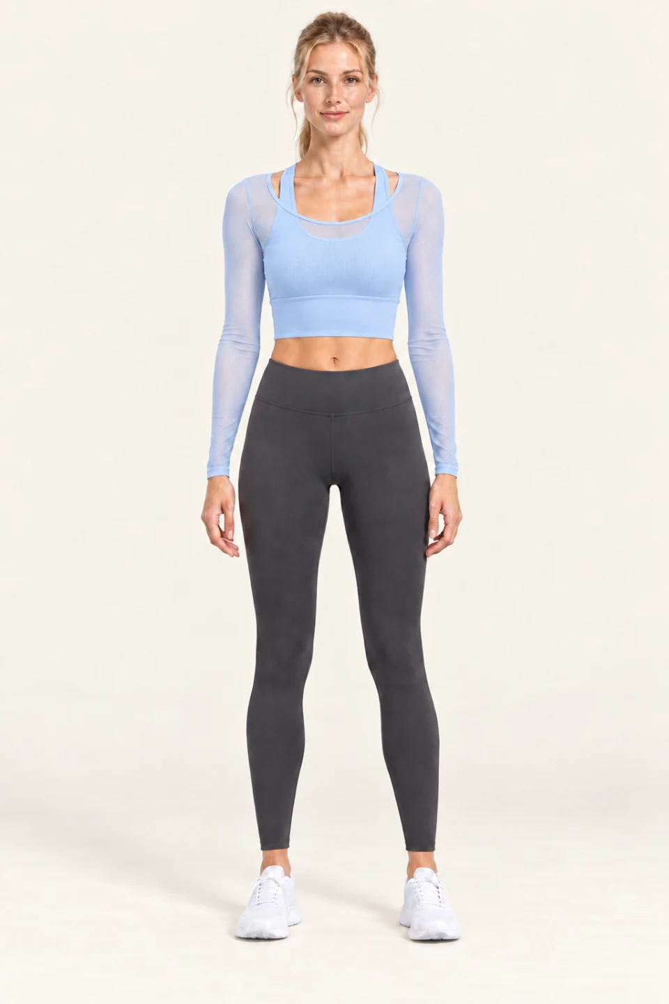 LS-B0002 Layered mesh long-sleeve top in Blue, front AI styling preview