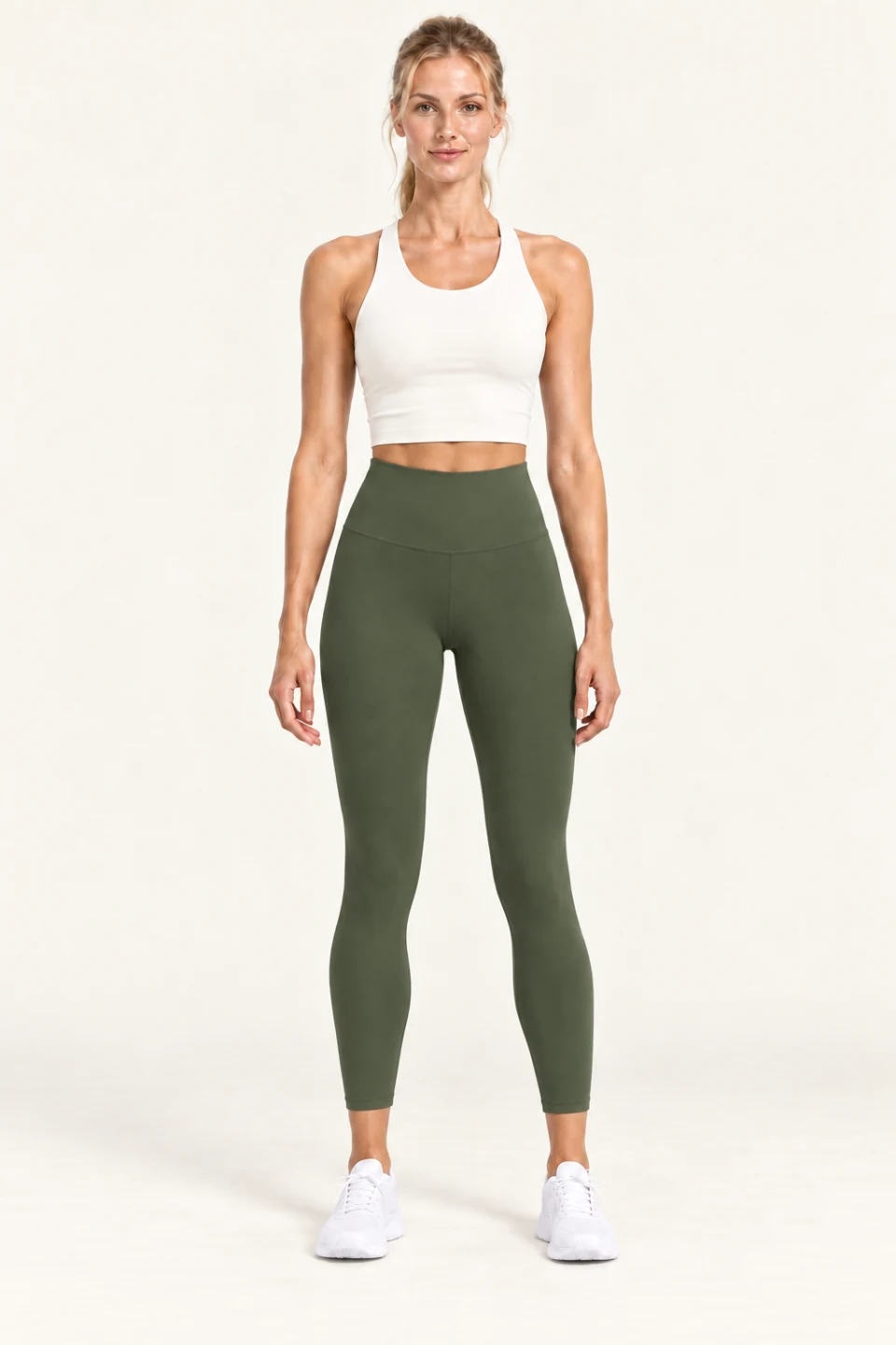 LS-B0004 High-rise 7/8 yoga leggings in Olive Green, front AI styling preview