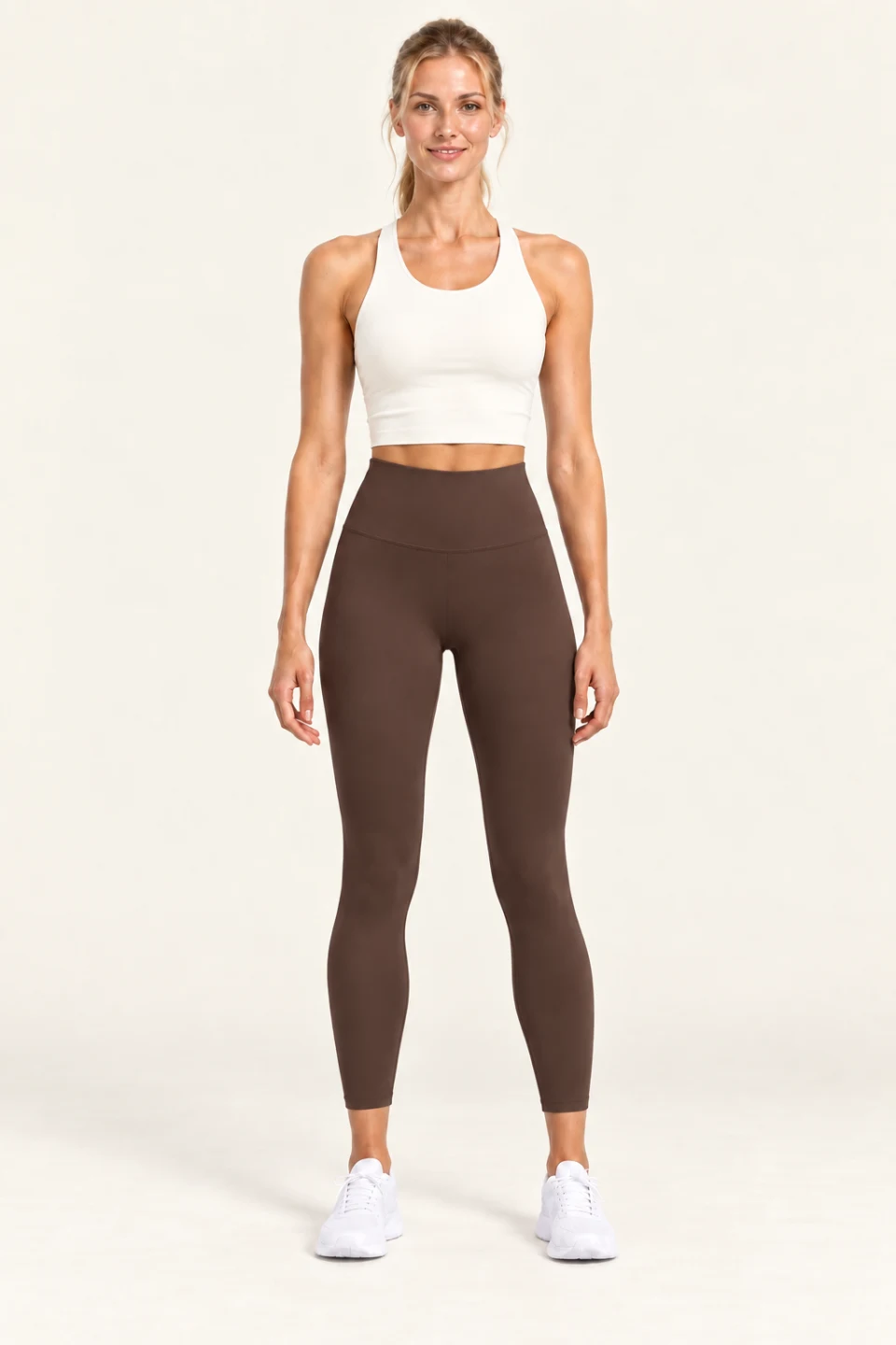 LS-B0004 High-rise 7/8 yoga leggings in Coffee, front AI styling preview