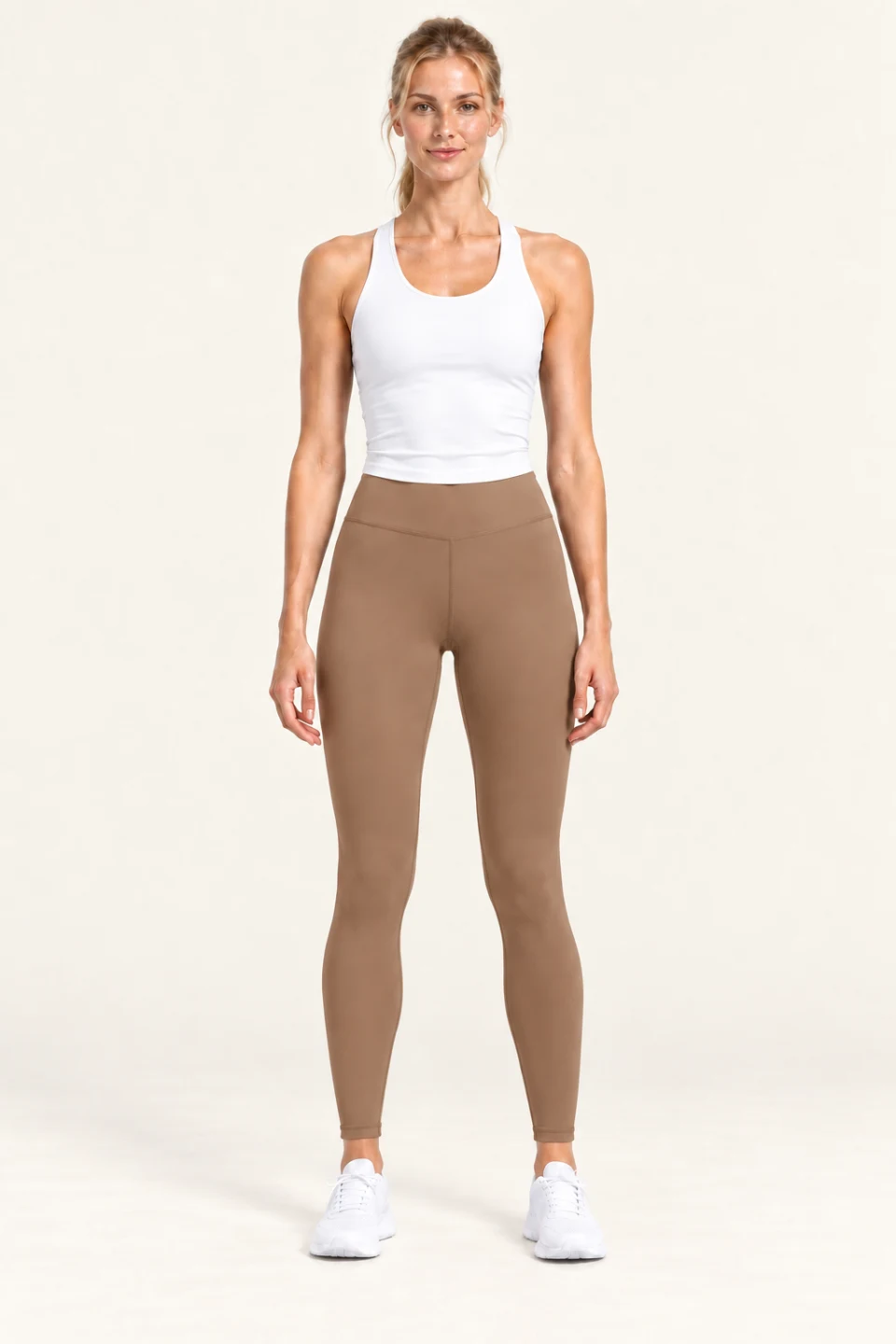 LS-B0005 High-rise flatlock yoga leggings in Cocoa, front AI styling preview