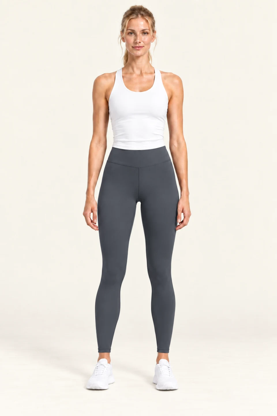 LS-B0005 High-rise flatlock yoga leggings in Gunmetal Grey, front AI styling preview