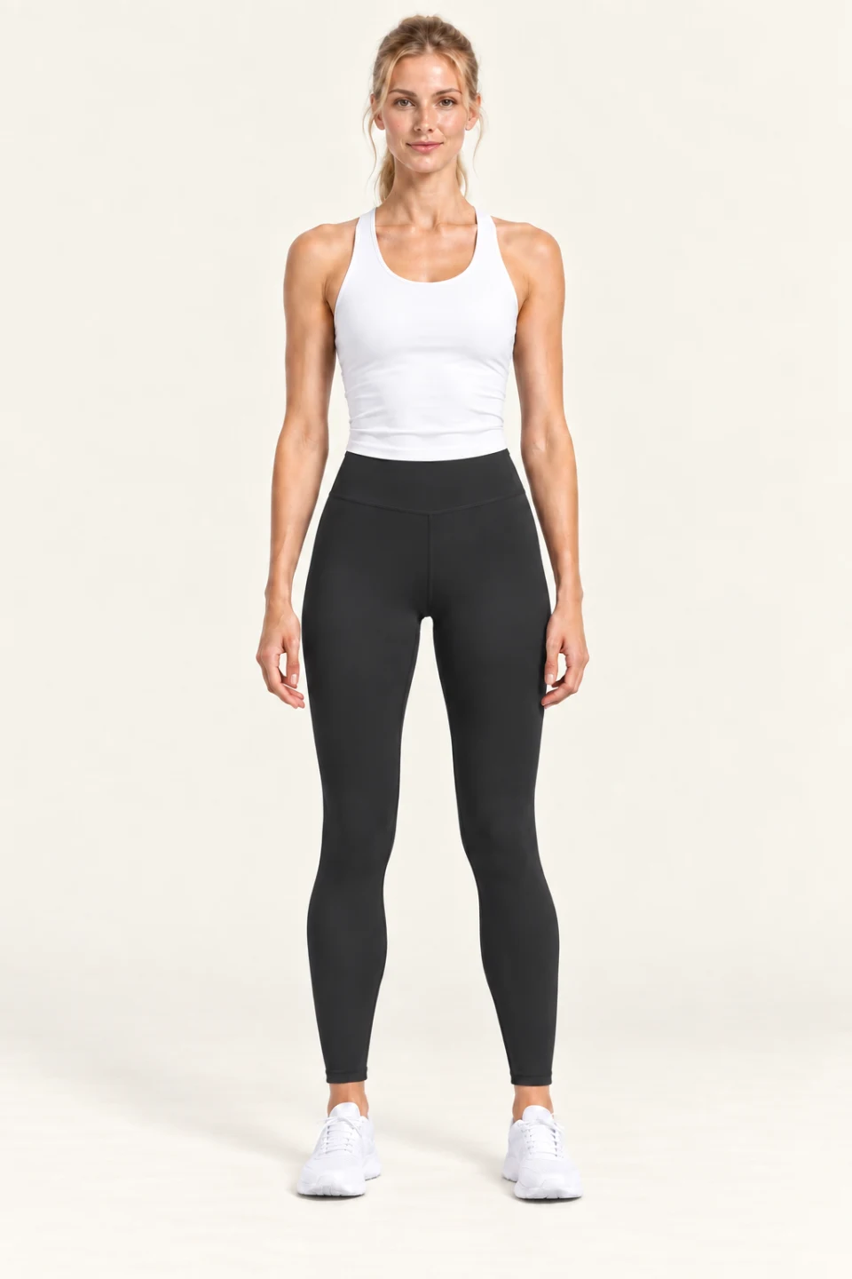 LS-B0005 High-rise flatlock yoga leggings in Black, front AI styling preview