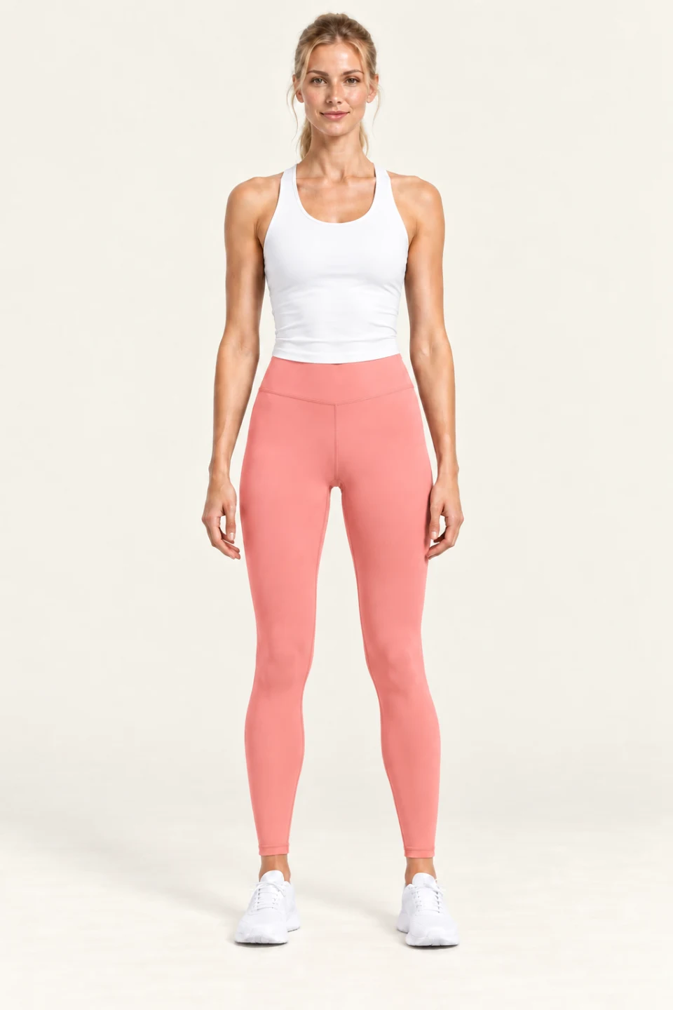 LS-B0005 High-rise flatlock yoga leggings in Grapefruit Pink, front AI styling preview