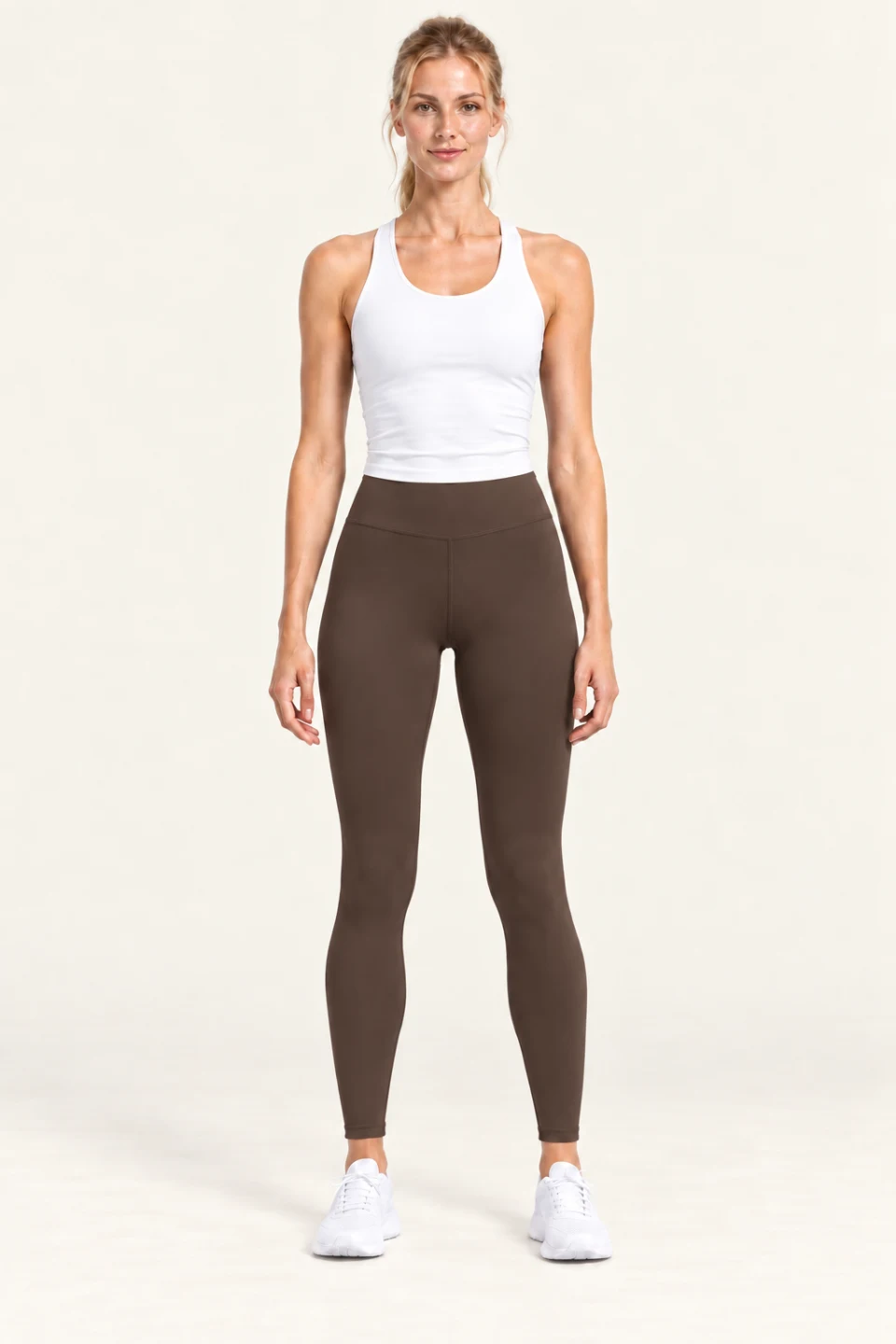 LS-B0005 High-rise flatlock yoga leggings in Coffee, front AI styling preview