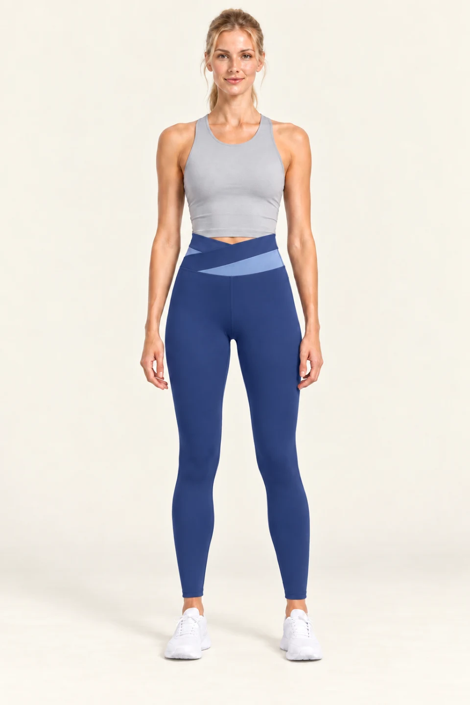 LS-B0006 Contrast crossover-waist yoga leggings in Whale Blue, front AI styling preview