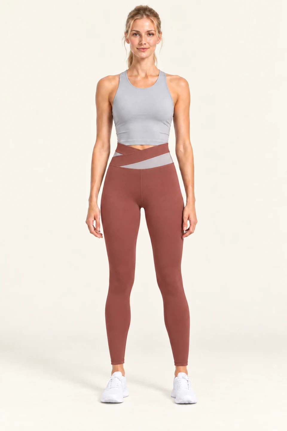 LS-B0006 Contrast crossover-waist yoga leggings in Caramel, front AI styling preview