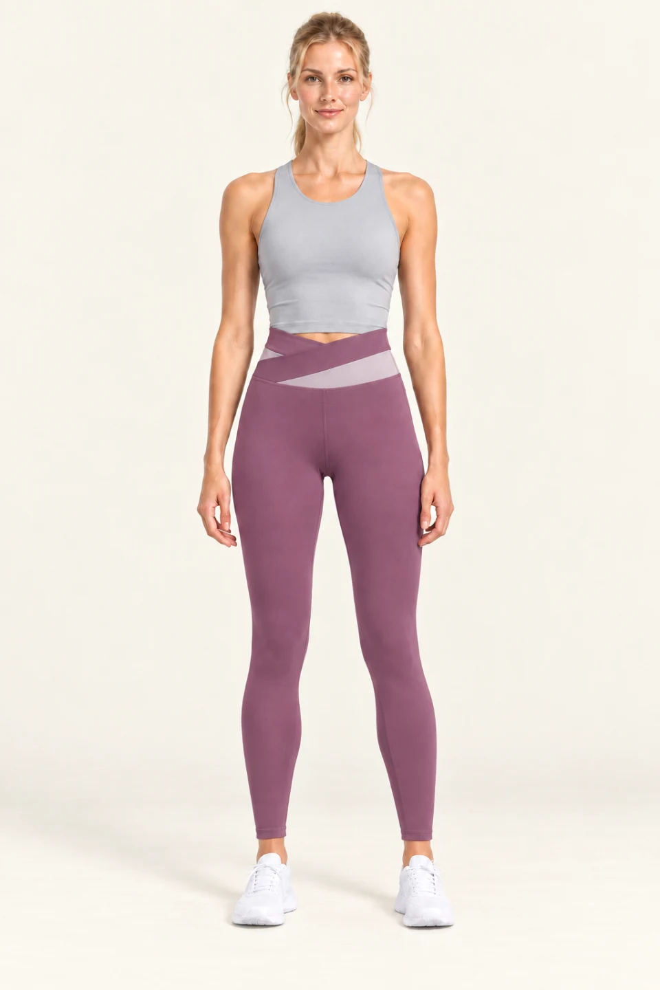 LS-B0006 Contrast crossover-waist yoga leggings in Berry Purple, front AI styling preview