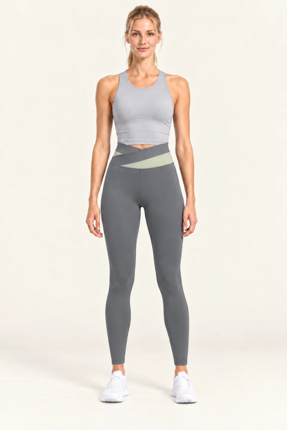 LS-B0006 Contrast crossover-waist yoga leggings in Sea Rock Grey, front AI styling preview