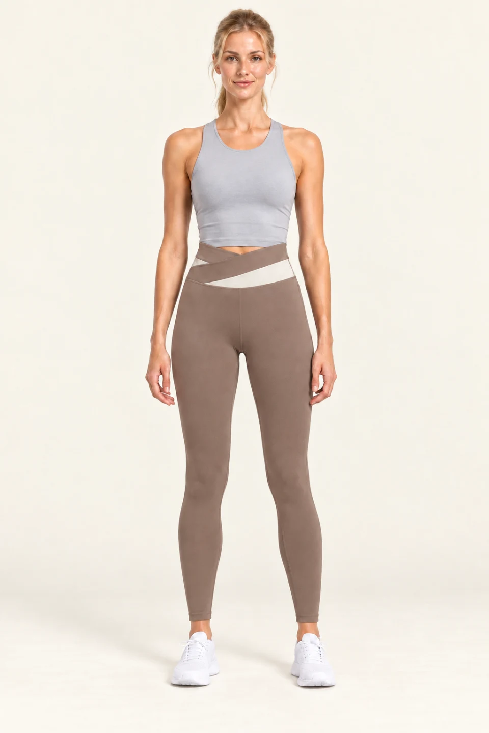 LS-B0006 Contrast crossover-waist yoga leggings in Cocoa, front AI styling preview