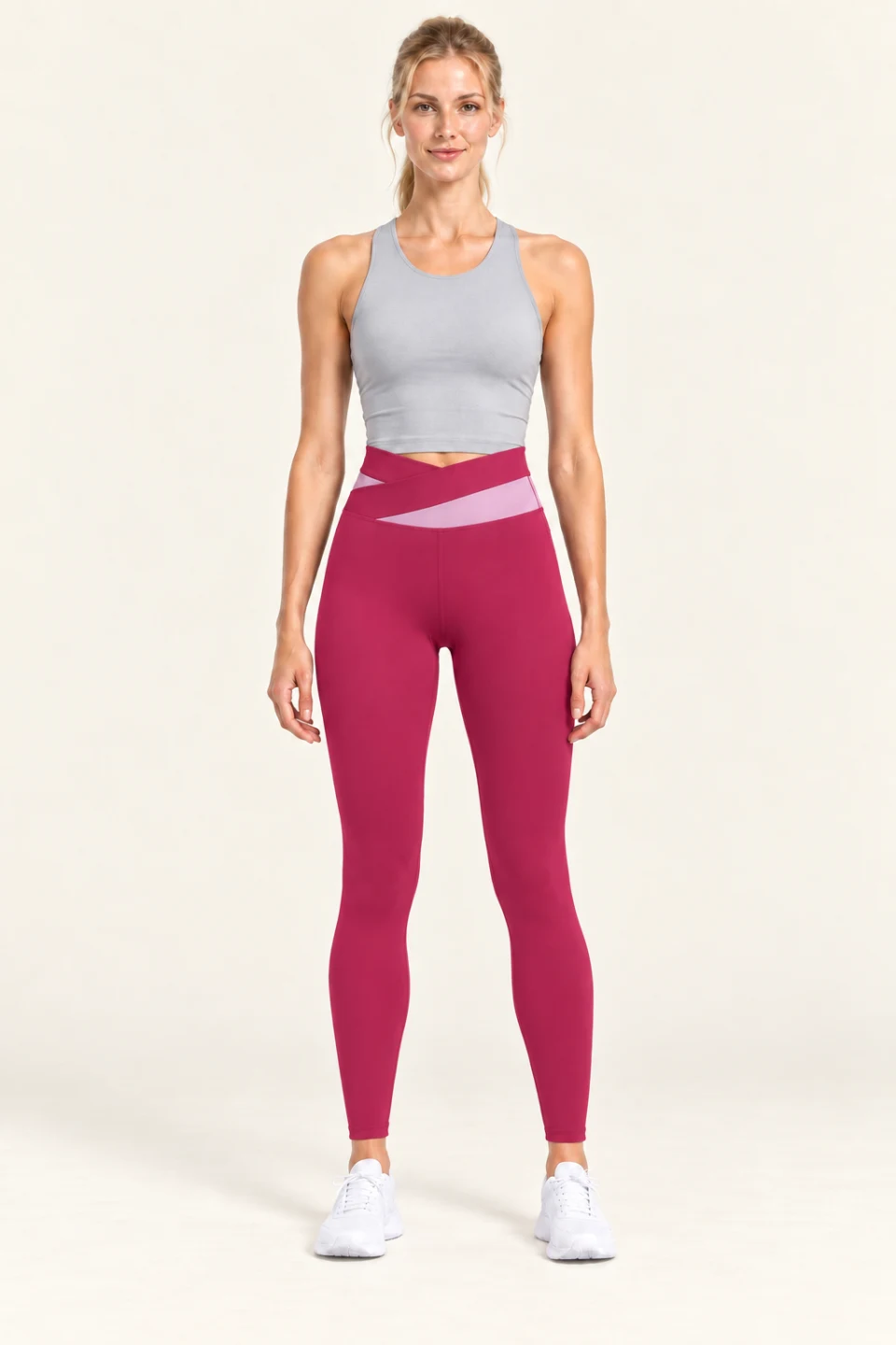 LS-B0006 Contrast crossover-waist yoga leggings in Raspberry Red, front AI styling preview