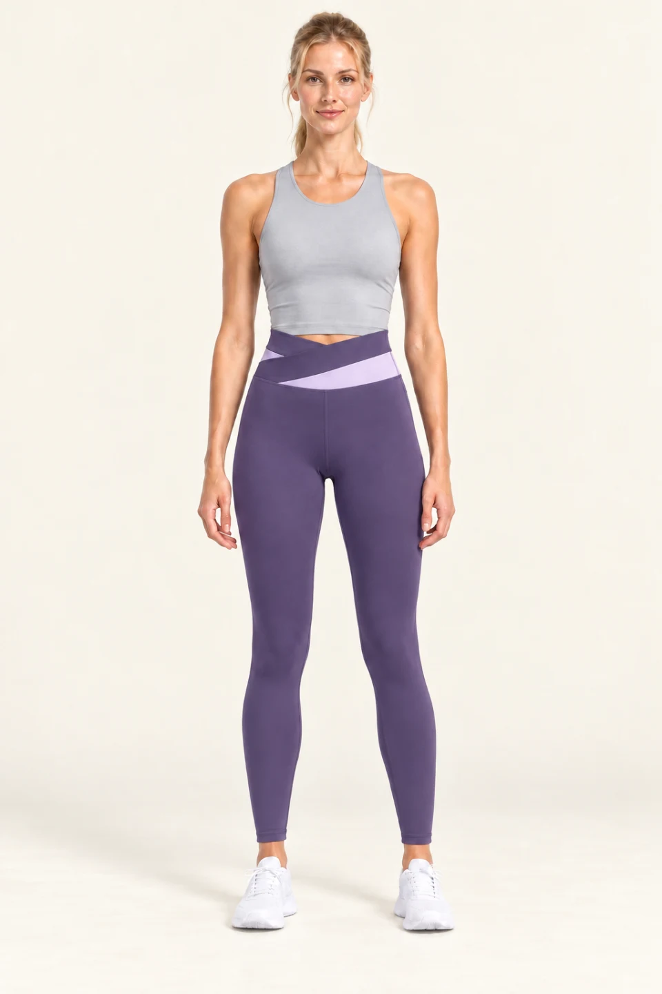 LS-B0006 Contrast crossover-waist yoga leggings in Aubergine Purple, front AI styling preview