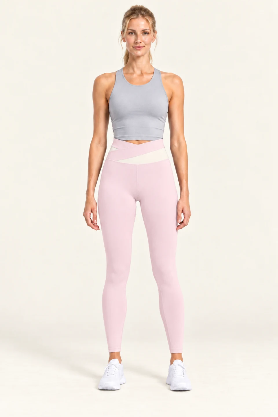 LS-B0006 Contrast crossover-waist yoga leggings in Shell Pink, front AI styling preview