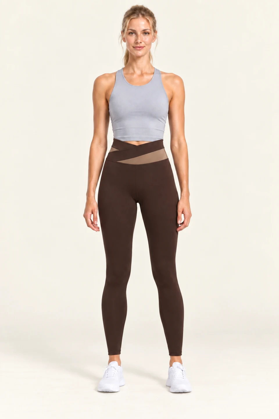 LS-B0006 Contrast crossover-waist yoga leggings in Coffee, front AI styling preview