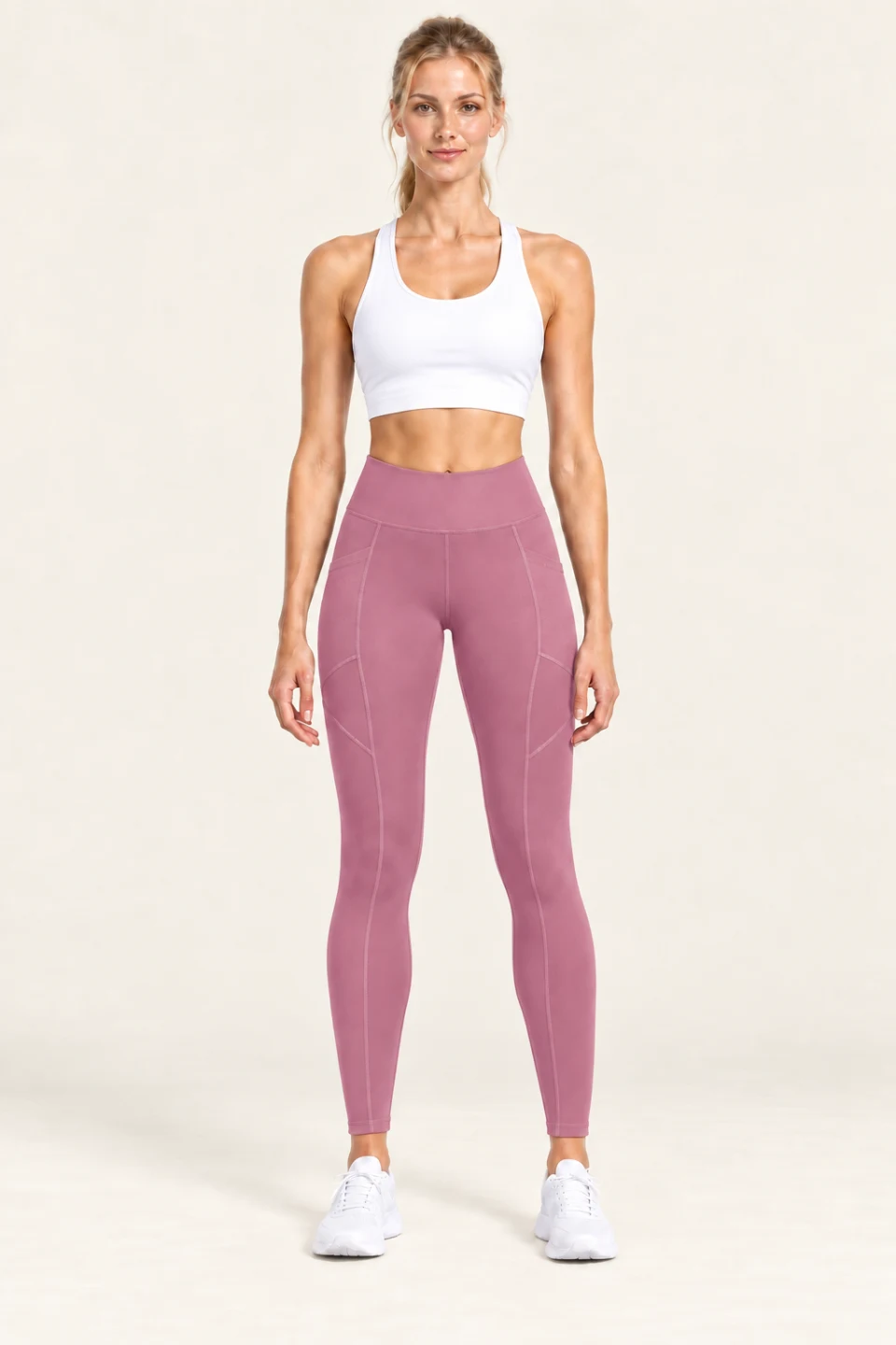 LS-B0007 Contour-panel full-length yoga leggings in Dusty Rose, front AI styling preview