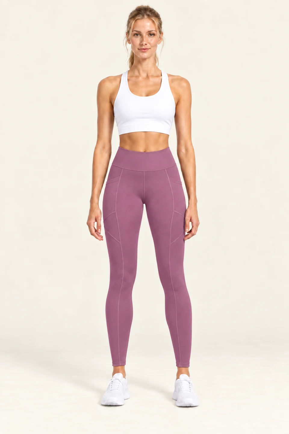 LS-B0007 Contour-panel full-length yoga leggings in Berry Purple, front AI styling preview
