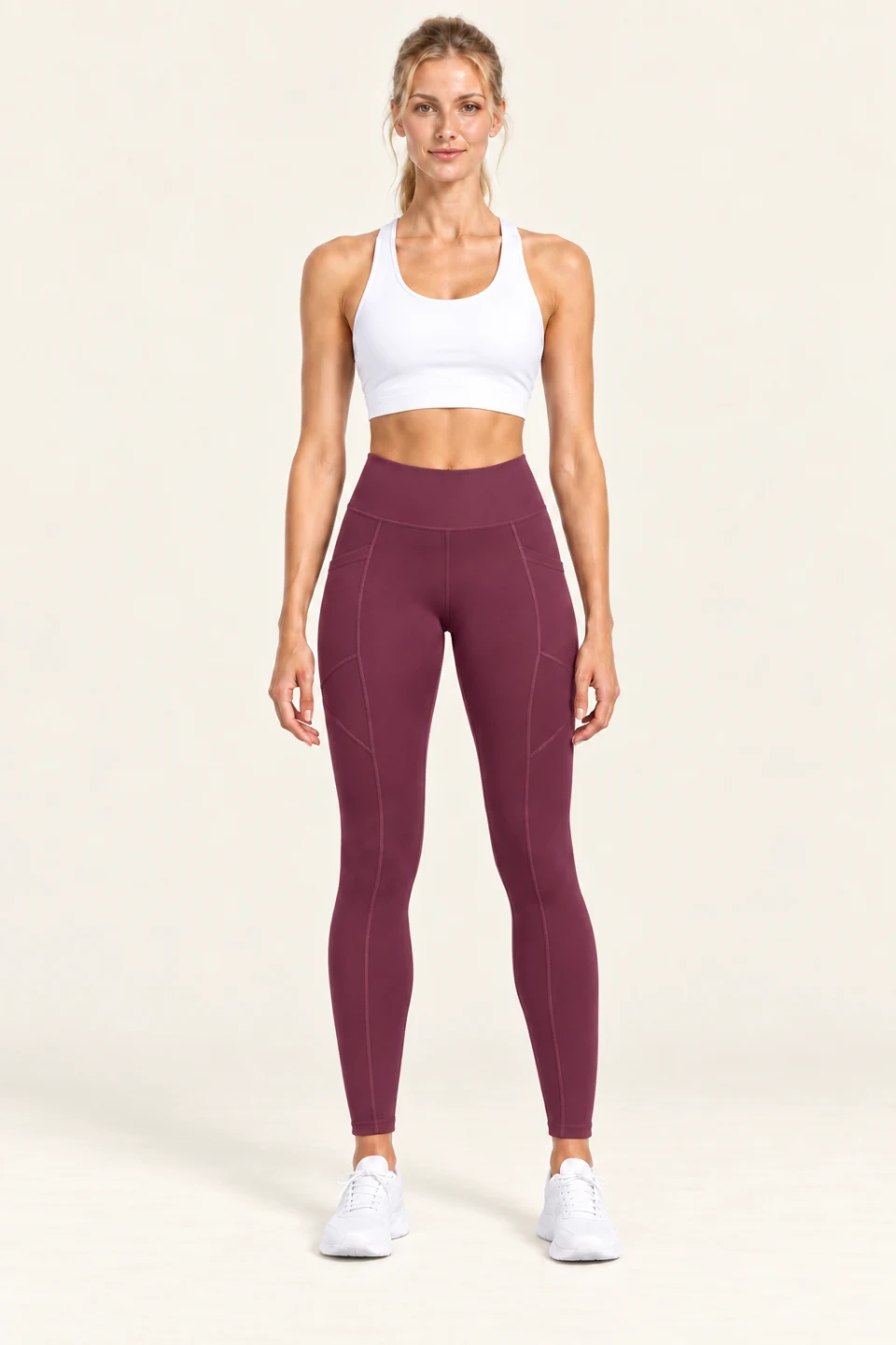 LS-B0007 Contour-panel full-length yoga leggings in Plum Red, front AI styling preview