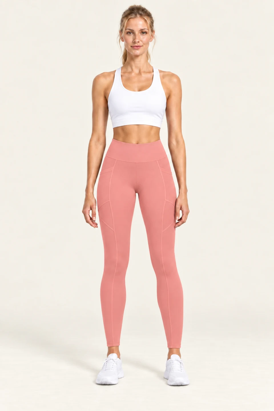 LS-B0007 Contour-panel full-length yoga leggings in Grapefruit Pink, front AI styling preview