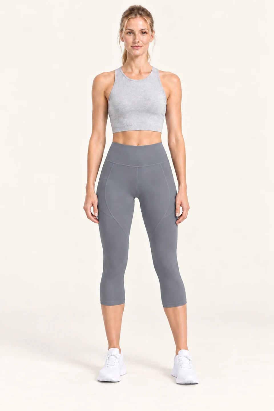 LS-B0008 Contour-panel capri yoga leggings in Sea Rock Grey, front AI styling preview