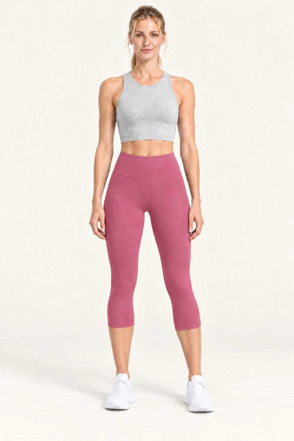 LS-B0008 Contour-panel capri yoga leggings in Dusty Rose, front AI styling preview