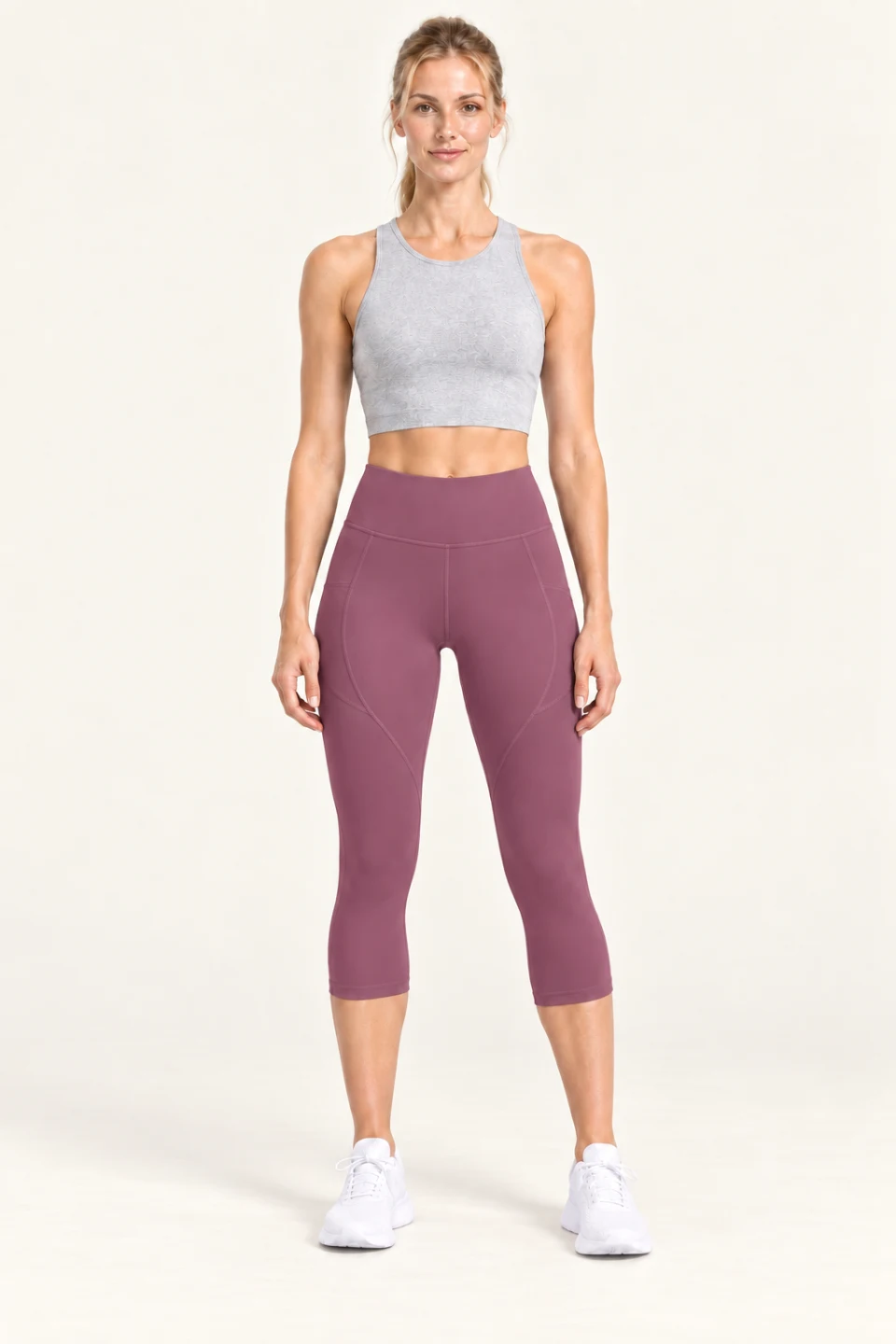 LS-B0008 Contour-panel capri yoga leggings in Berry Purple, front AI styling preview