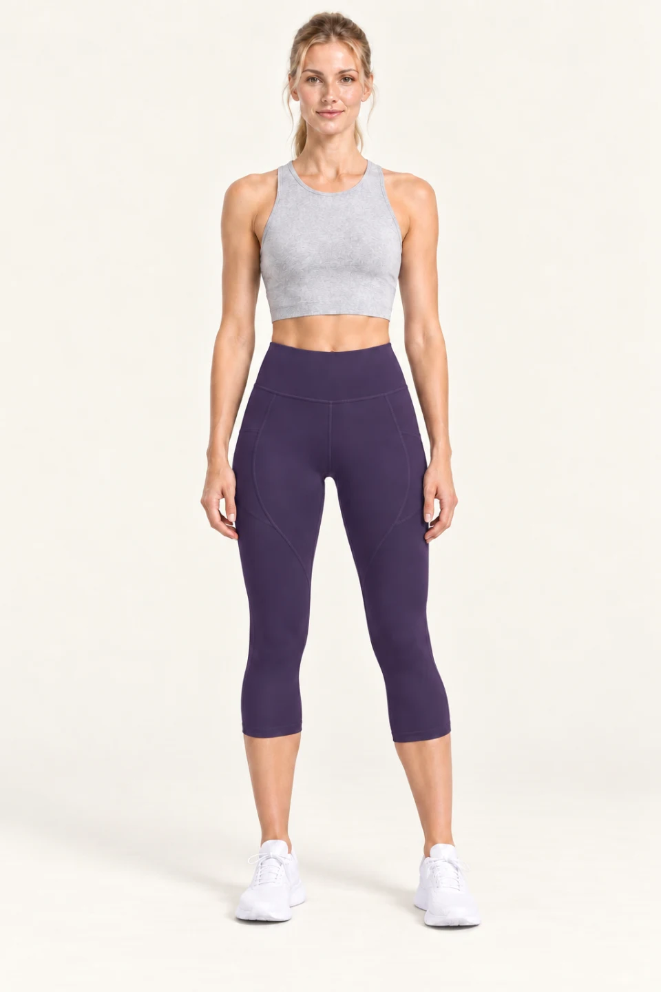 LS-B0008 Contour-panel capri yoga leggings in Aubergine Purple, front AI styling preview
