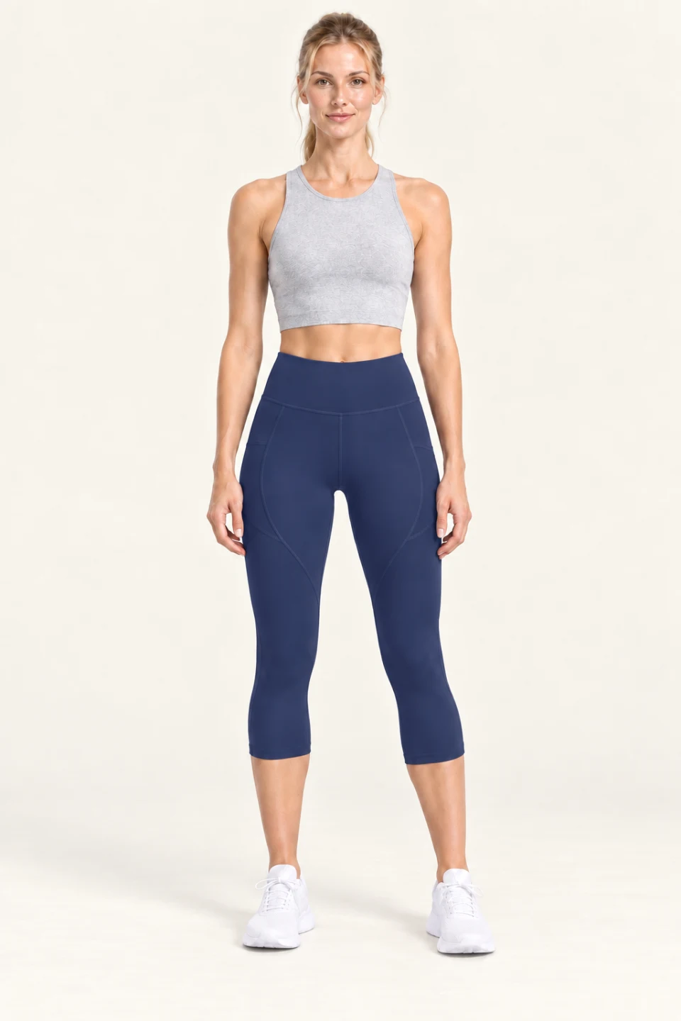 LS-B0008 Contour-panel capri yoga leggings in Whale Blue, front AI styling preview