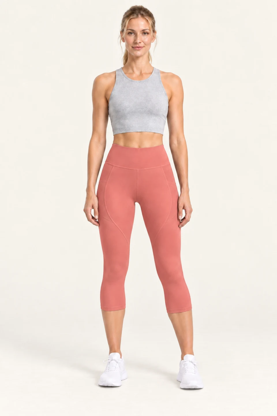 LS-B0008 Contour-panel capri yoga leggings in Grapefruit Pink, front AI styling preview