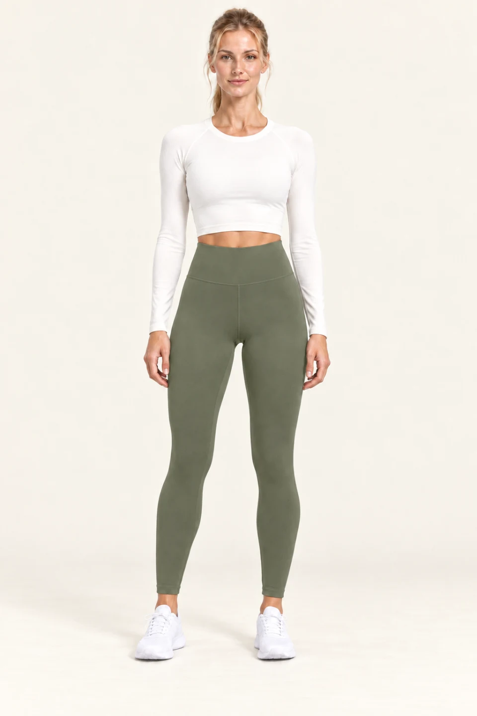LS-B0009 Fleece-lined high-rise yoga leggings in Olive Green, front AI styling preview