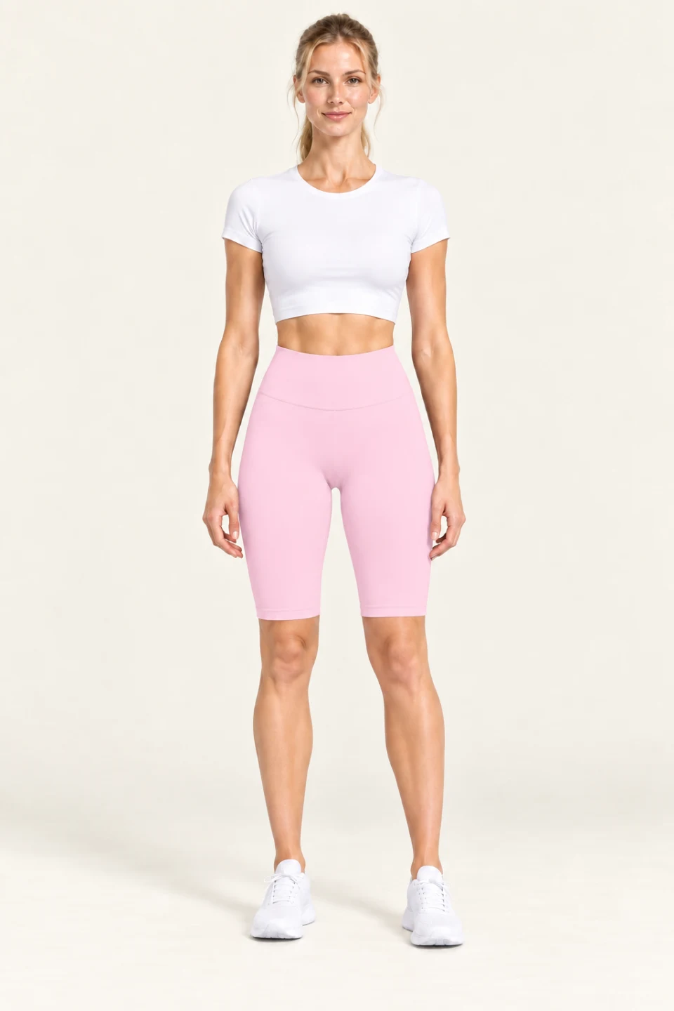 LS-B0010 Smooth-front knee-length yoga leggings in Peach Pink Capri pants, front AI styling preview