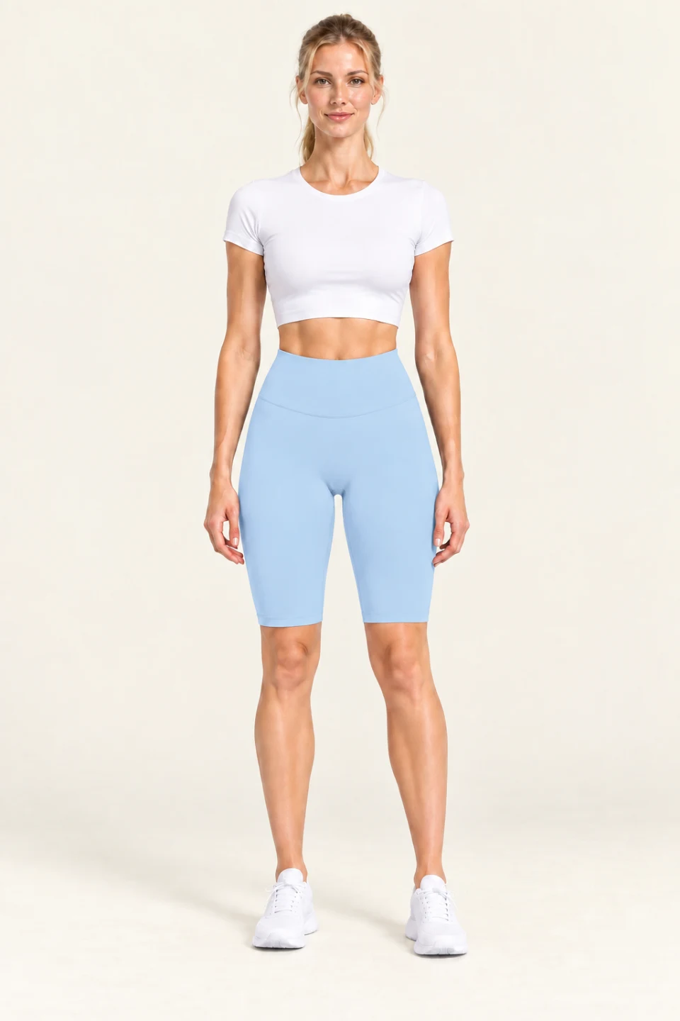 LS-B0010 Smooth-front knee-length yoga leggings in Light Blue Capri pants, front AI styling preview