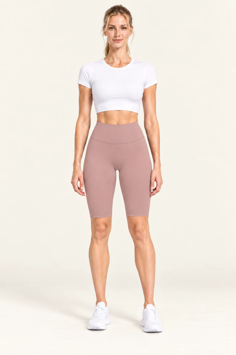 LS-B0010 Smooth-front knee-length yoga leggings in Blush Capri pants, front AI styling preview