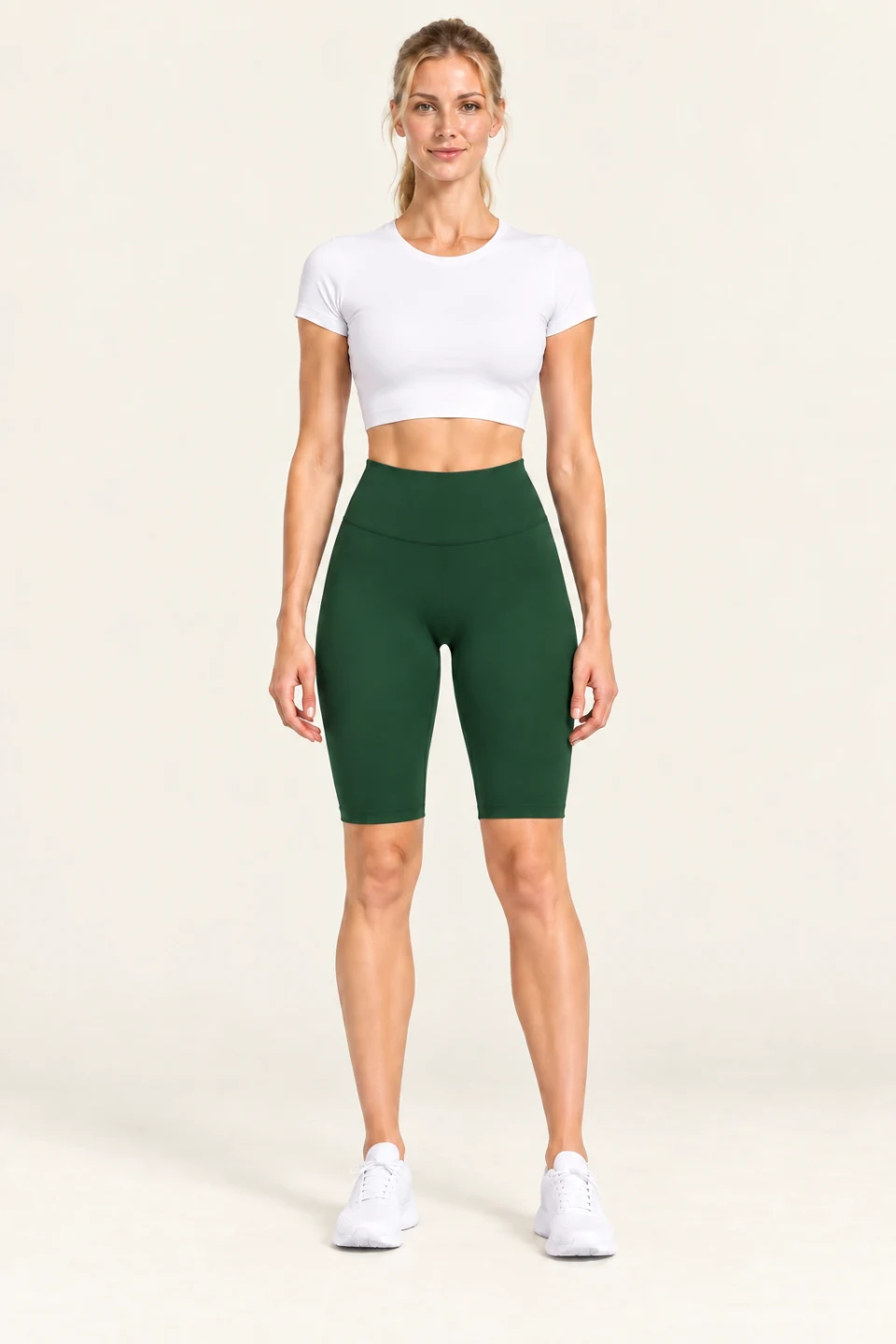 LS-B0010 Smooth-front knee-length yoga leggings in Forest Green Capri pants, front AI styling preview