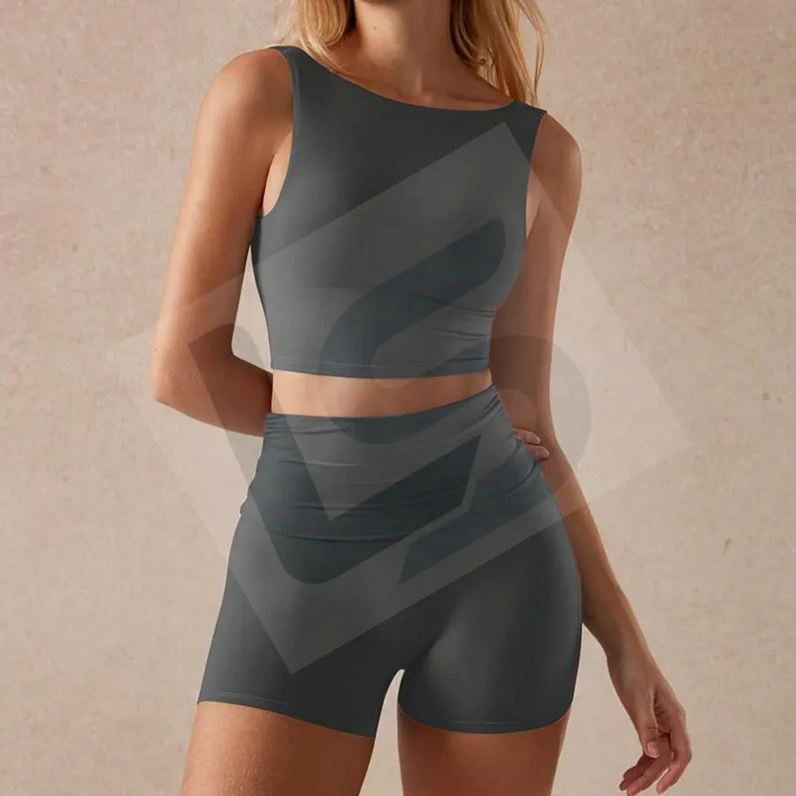 LS-B0027 Women's Activewear Set in Grey Tank & Shorts Set, original product photograph