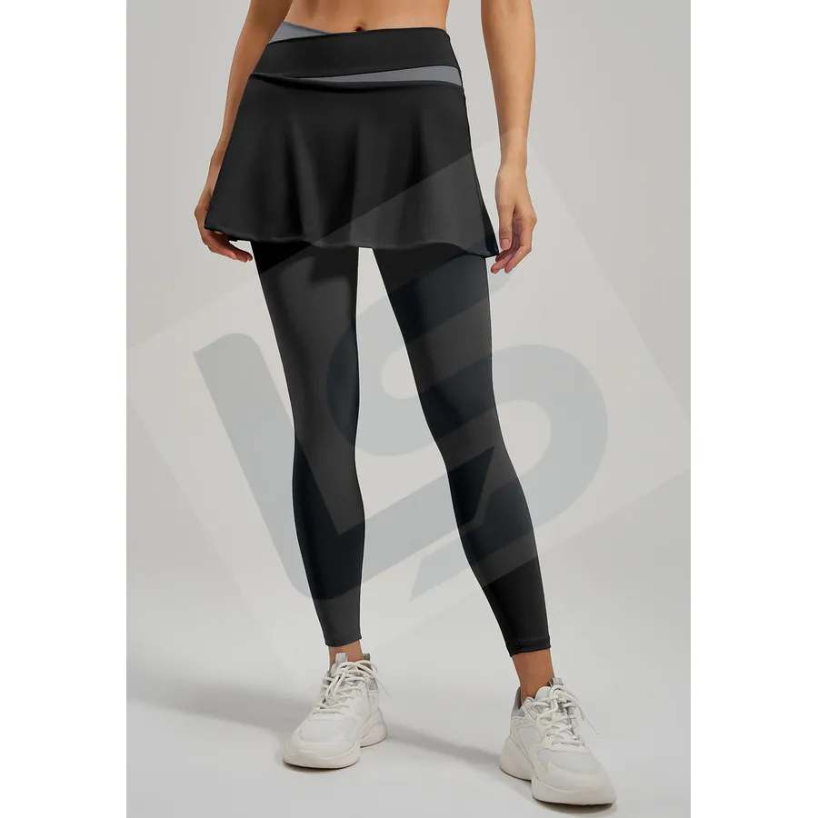 LS-B0059 Contrast-Panel Skirted Leggings in Black, original product photograph