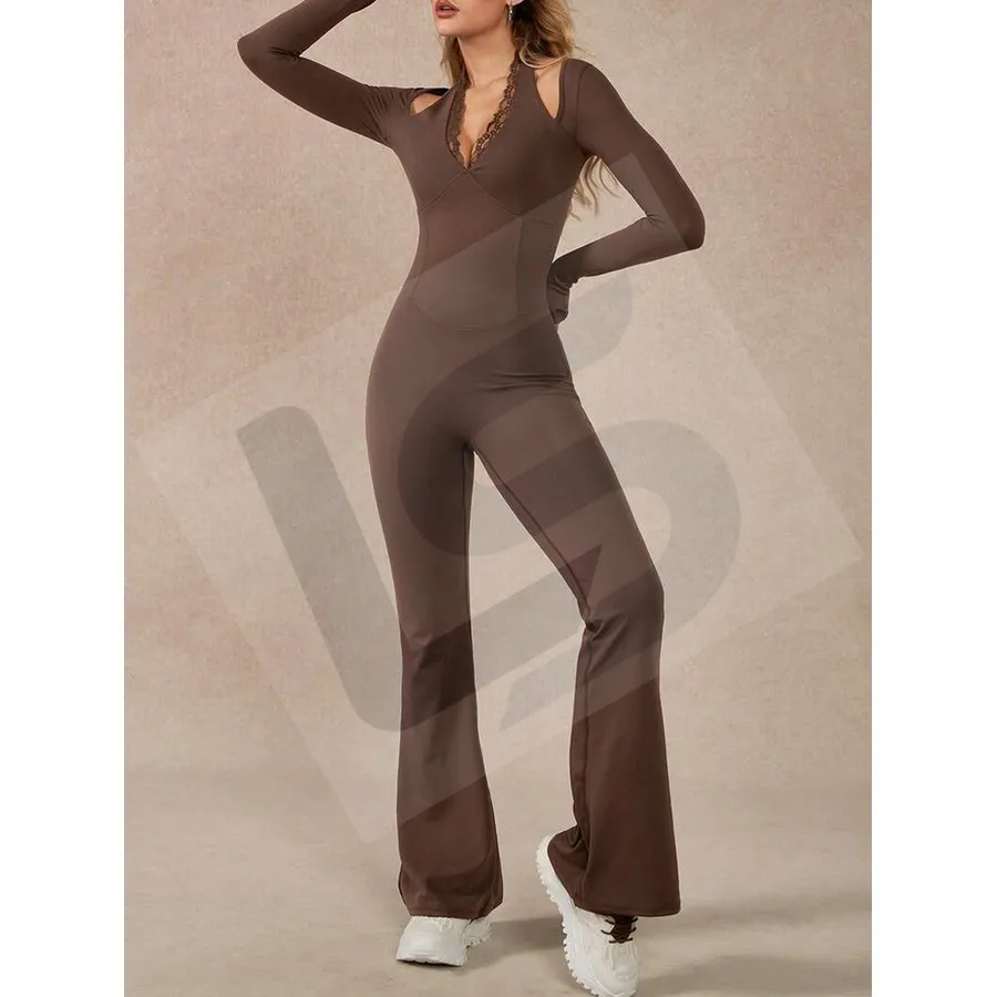 LS-B0093 Women's Yoga Jumpsuit in Chocolate Long-Sleeve Top, original product photograph