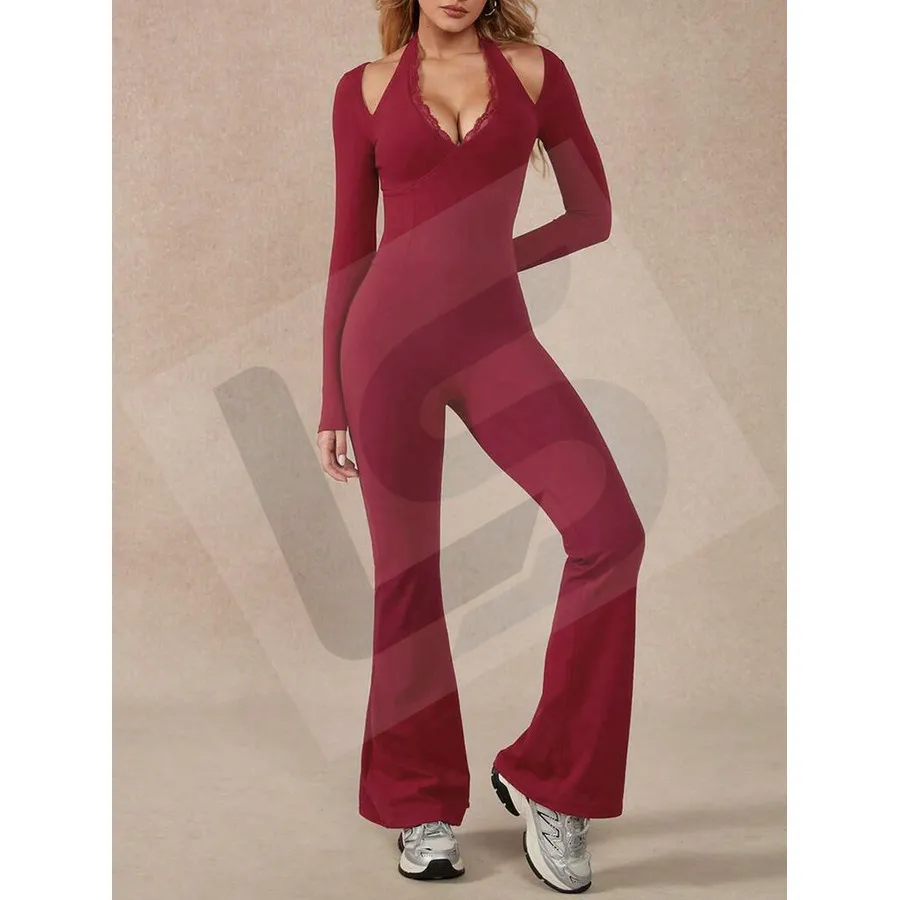 LS-B0093 Women's Yoga Jumpsuit in Cherry Red Long-Sleeve Top, original product photograph