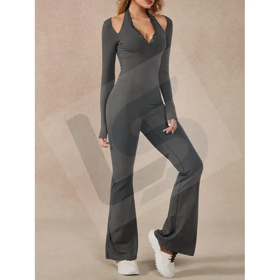 LS-B0093 Women's Yoga Jumpsuit in Grey Long-Sleeve Top, original product photograph