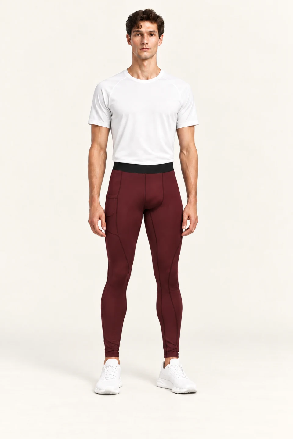 LS-B0097 Side-pocket running tights in Burgundy, front AI styling preview