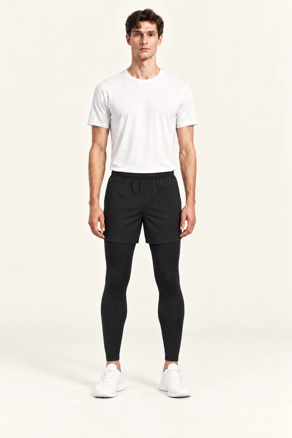LS-B0102 2-in-1 shorts-over-tights in Black + Black, front AI styling preview