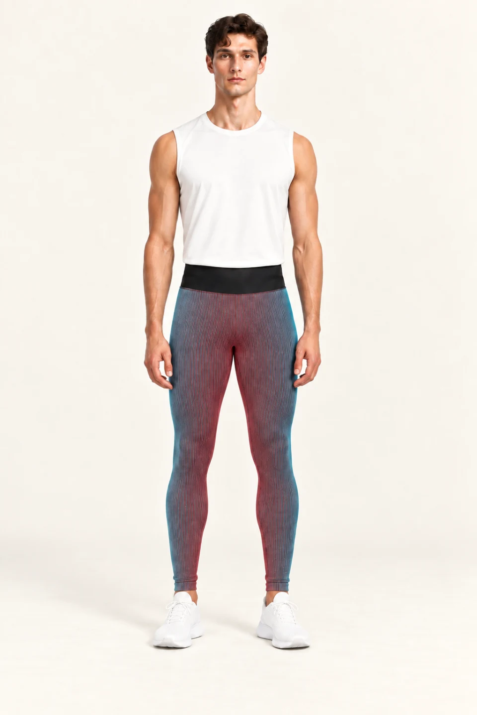 LS-B0104 Ribbed mesh-waist running tights in Red / Green Men’s fit, front AI styling preview