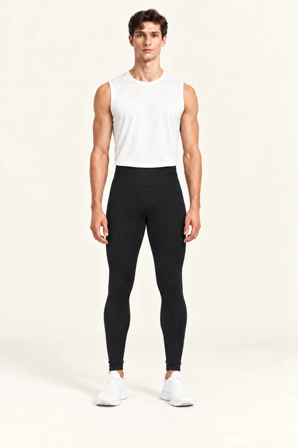 LS-B0104 Ribbed mesh-waist running tights in Black Men’s fit, front AI styling preview