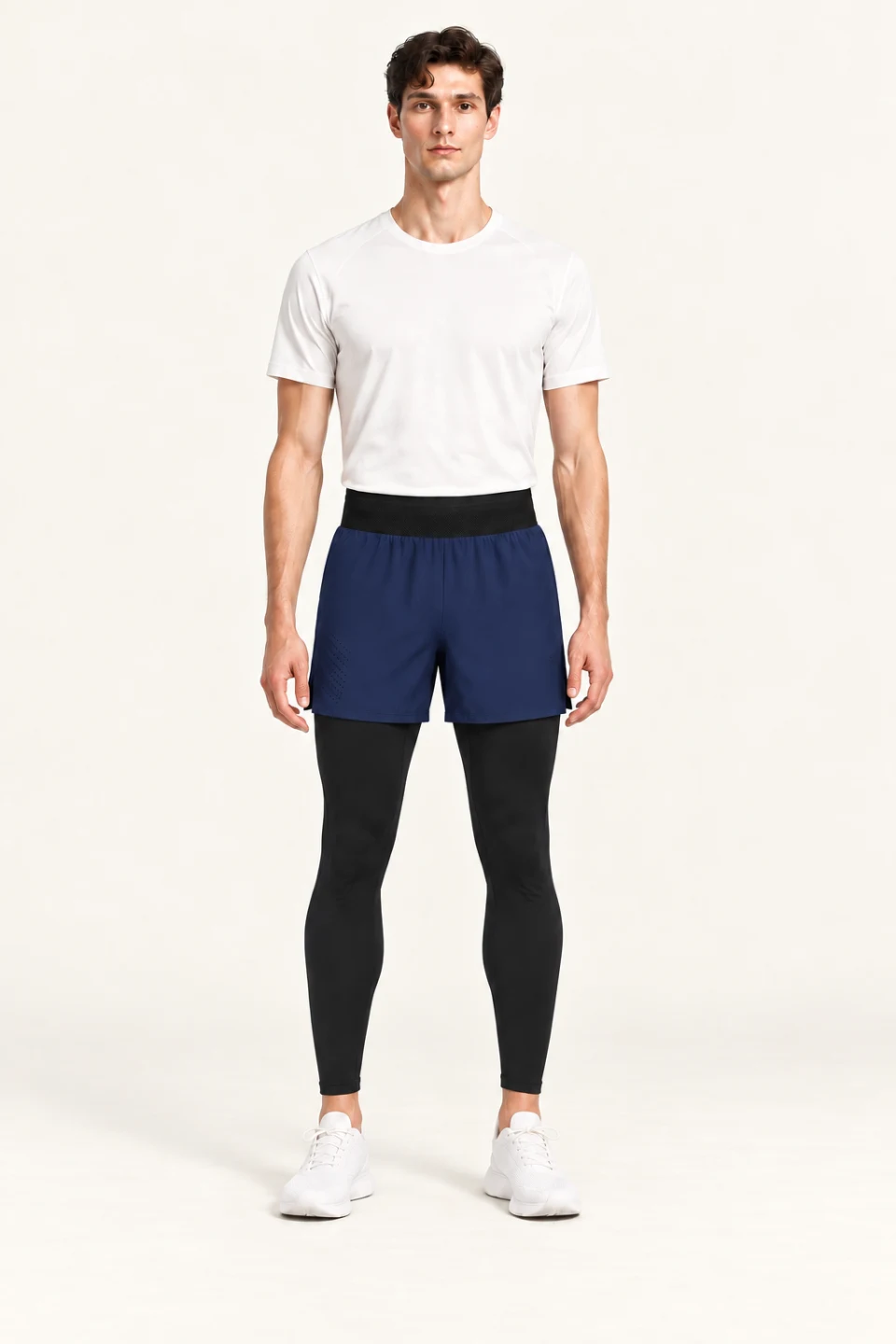 LS-B0105 Mesh-waist 2-in-1 running tights in Navy, front AI styling preview