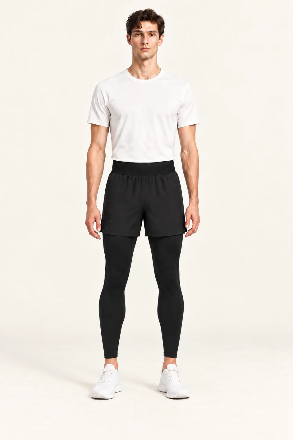 LS-B0105 Mesh-waist 2-in-1 running tights in Black, front AI styling preview