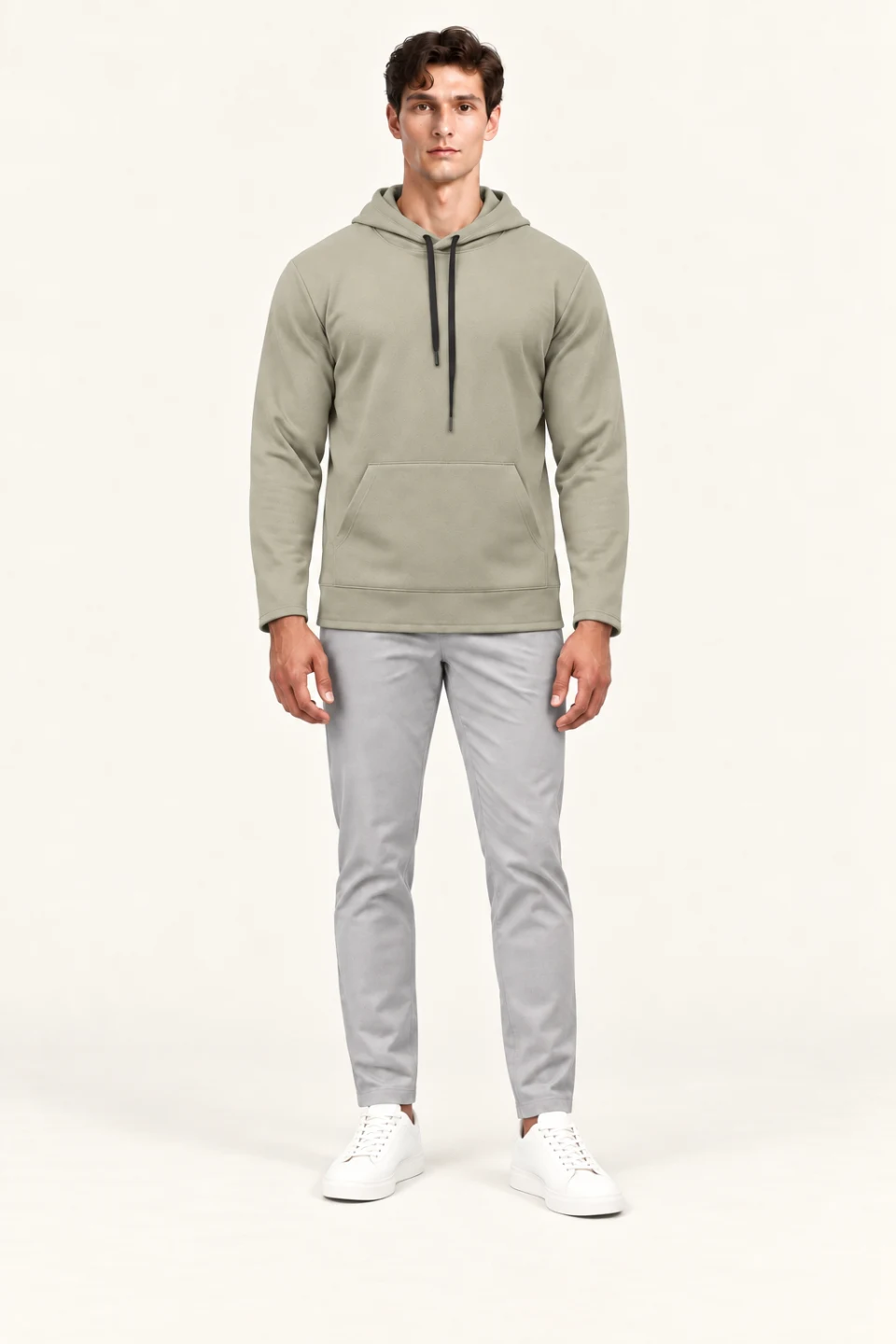 LS-B0106 Everyday pullover hoodie in Light Khaki, front AI styling preview