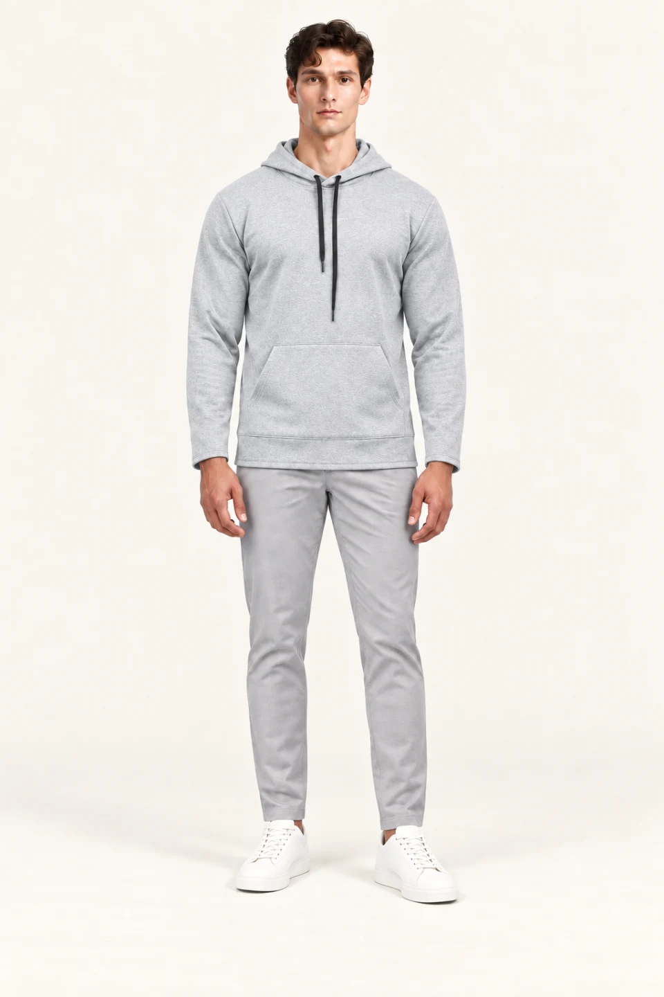 LS-B0106 Everyday pullover hoodie in Light Grey, front AI styling preview