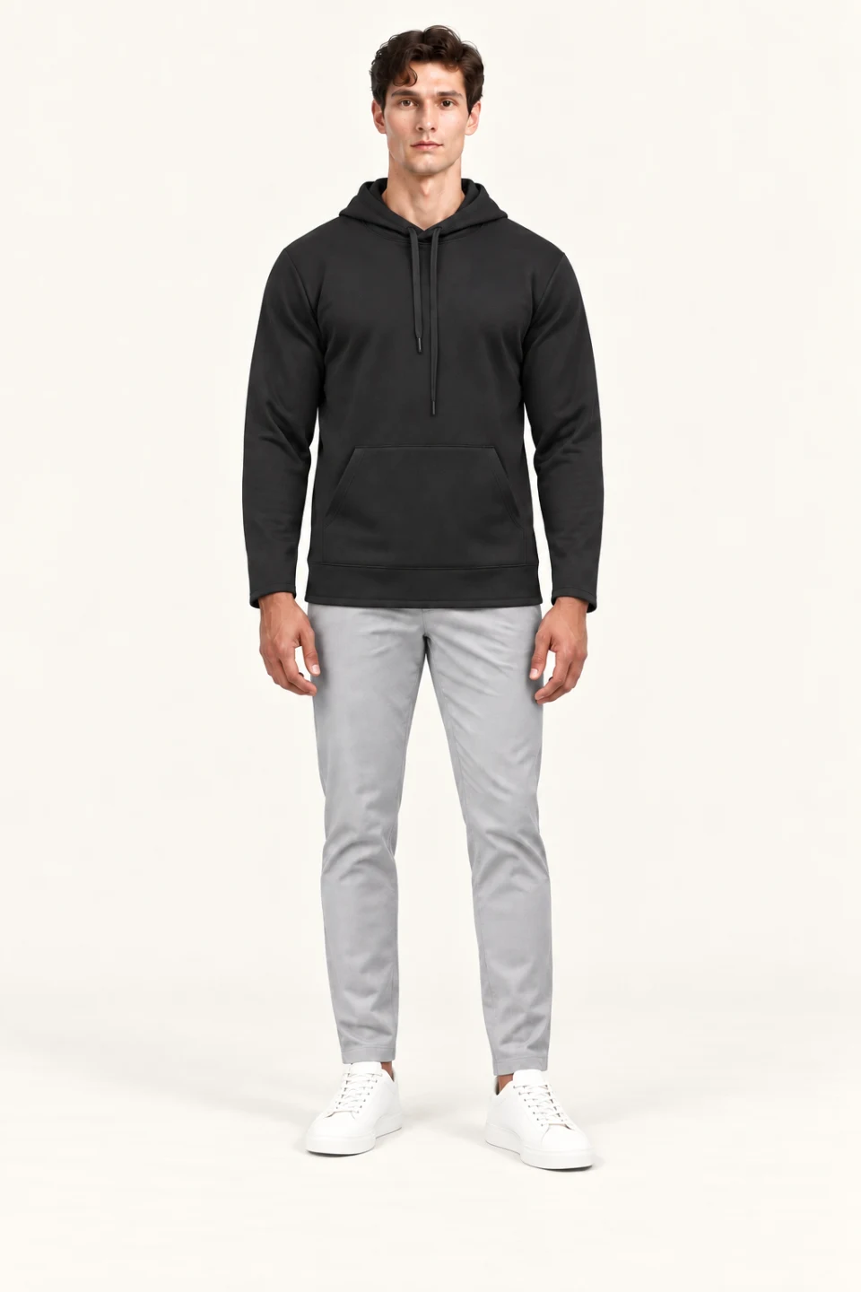 LS-B0106 Everyday pullover hoodie in Black, front AI styling preview