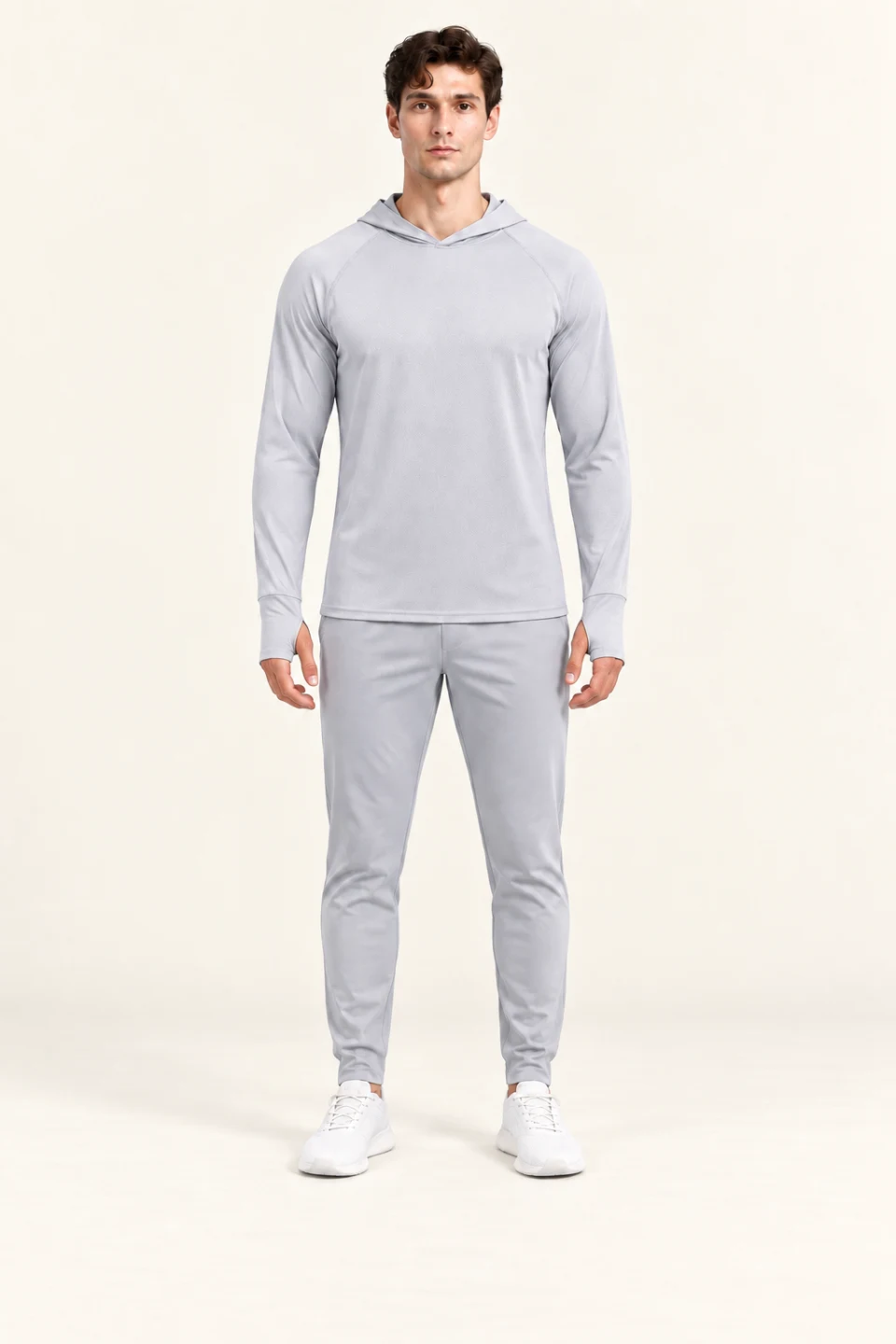 LS-B0107 Thumb-loop hooded training top in Light Grey, front AI styling preview